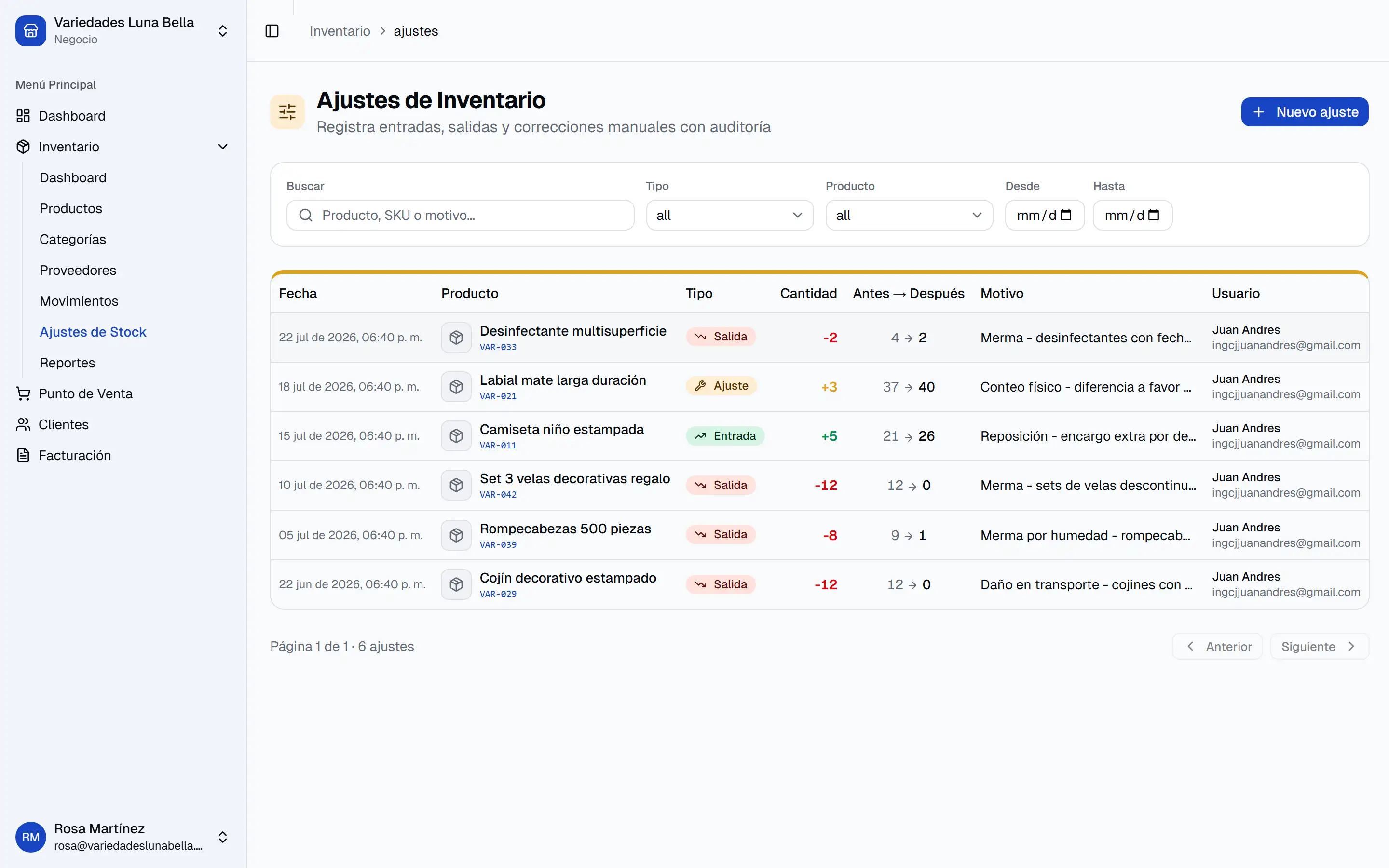 Listado de ajustes de inventario con el tipo de entrada, salida o ajuste, la cantidad, la existencia antes y después, el motivo escrito y el usuario que lo hizo.
