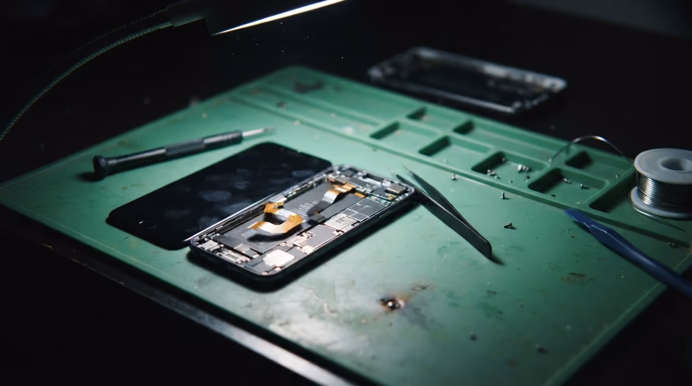 Banco de reparación con un teléfono abierto sobre una alfombrilla antiestática verde, un destornillador de precisión y una pinza a un lado.
