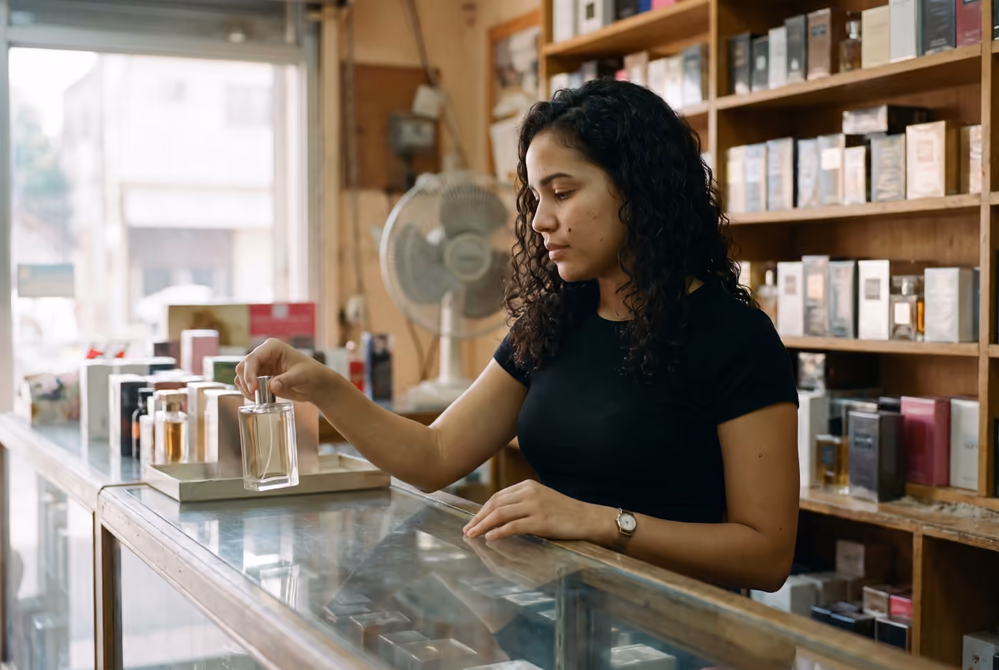 Mostrador de una perfumería con frascos alineados y una vendedora colocando una caja en el estante.