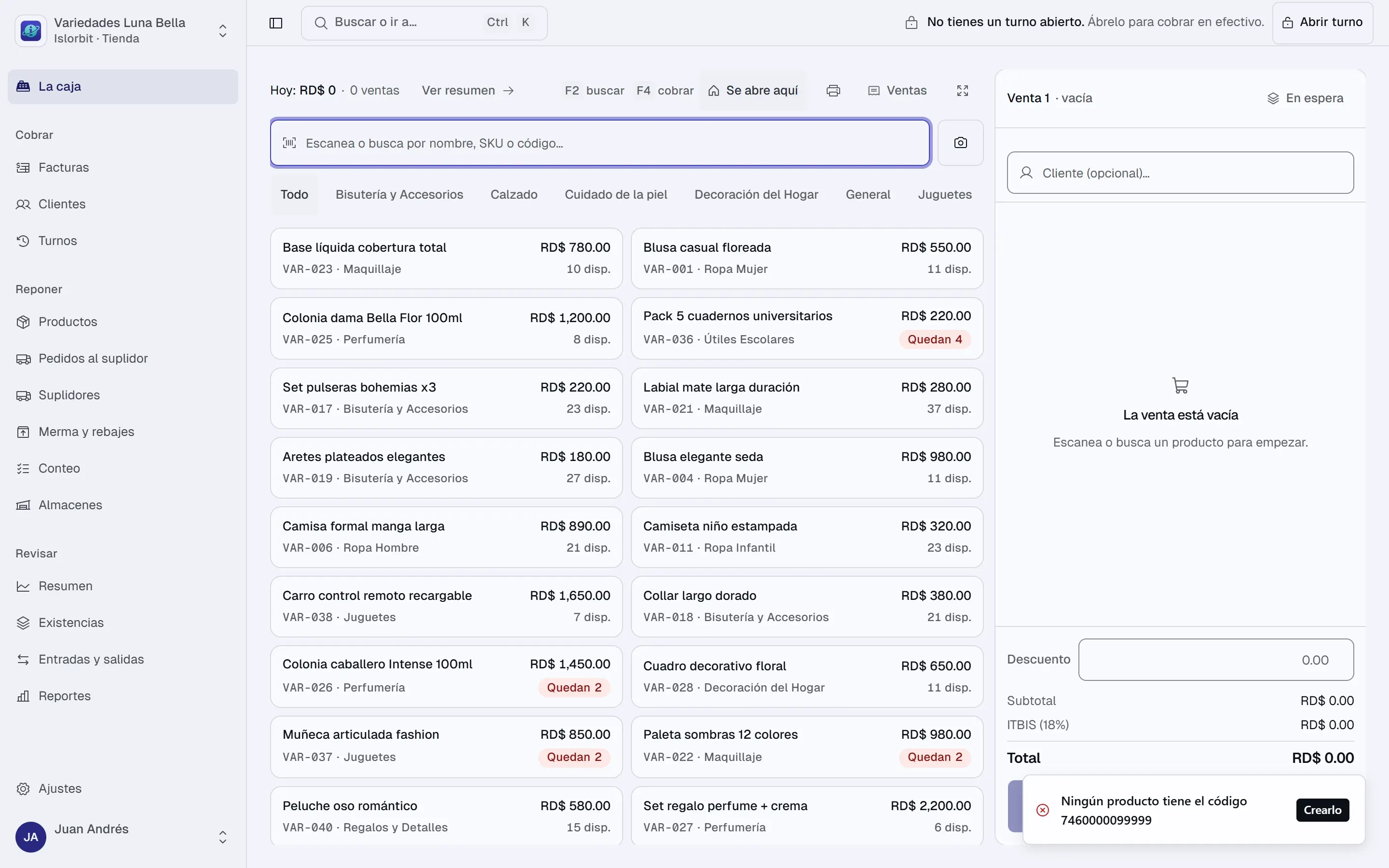 La caja con el aviso «Ningún producto tiene el código 7460000099999» y el botón «Crearlo».