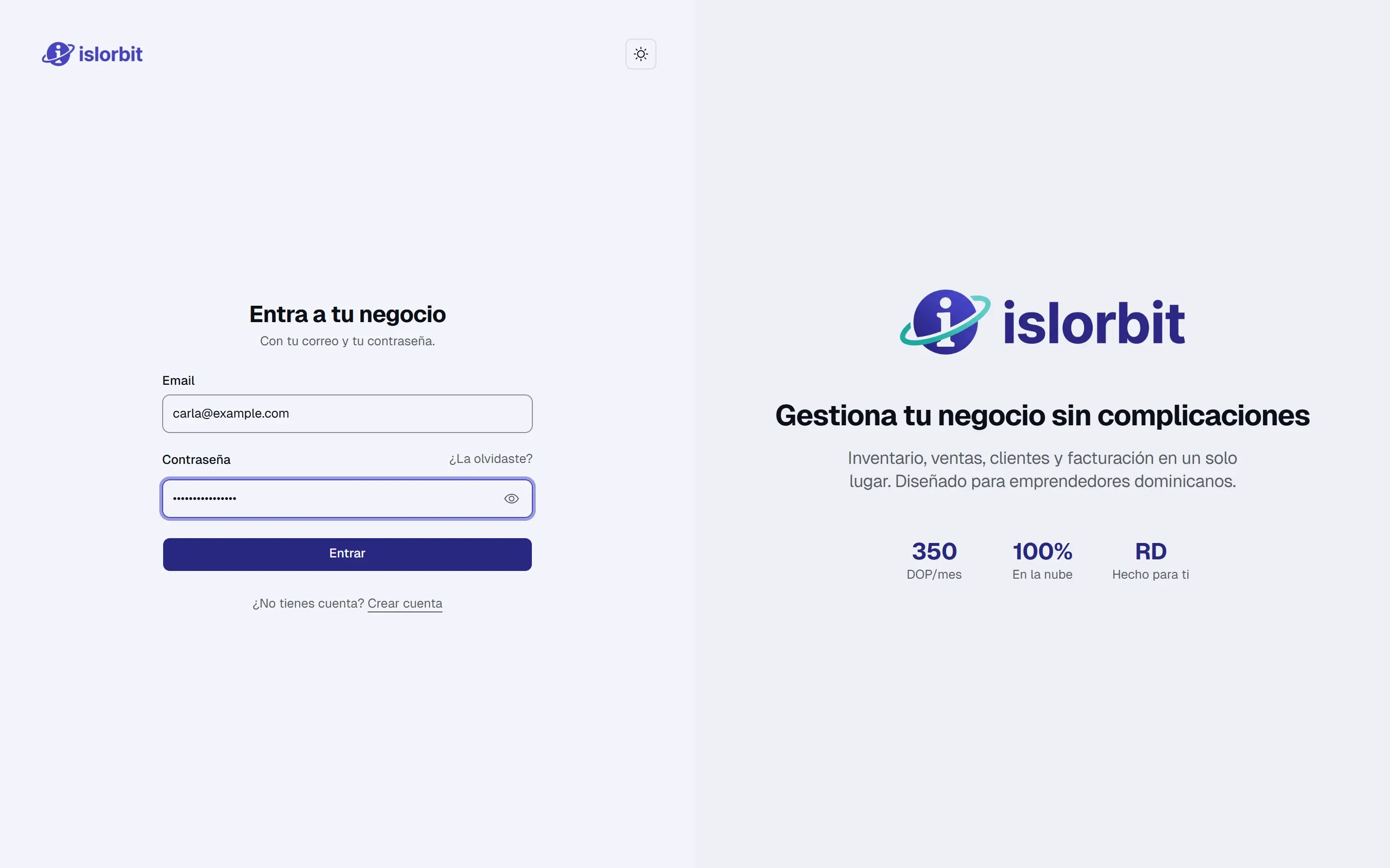 Pantalla «Entra a tu negocio» de Islorbit, con los campos Email y Contraseña, el enlace «¿La olvidaste?» y el botón «Entrar».