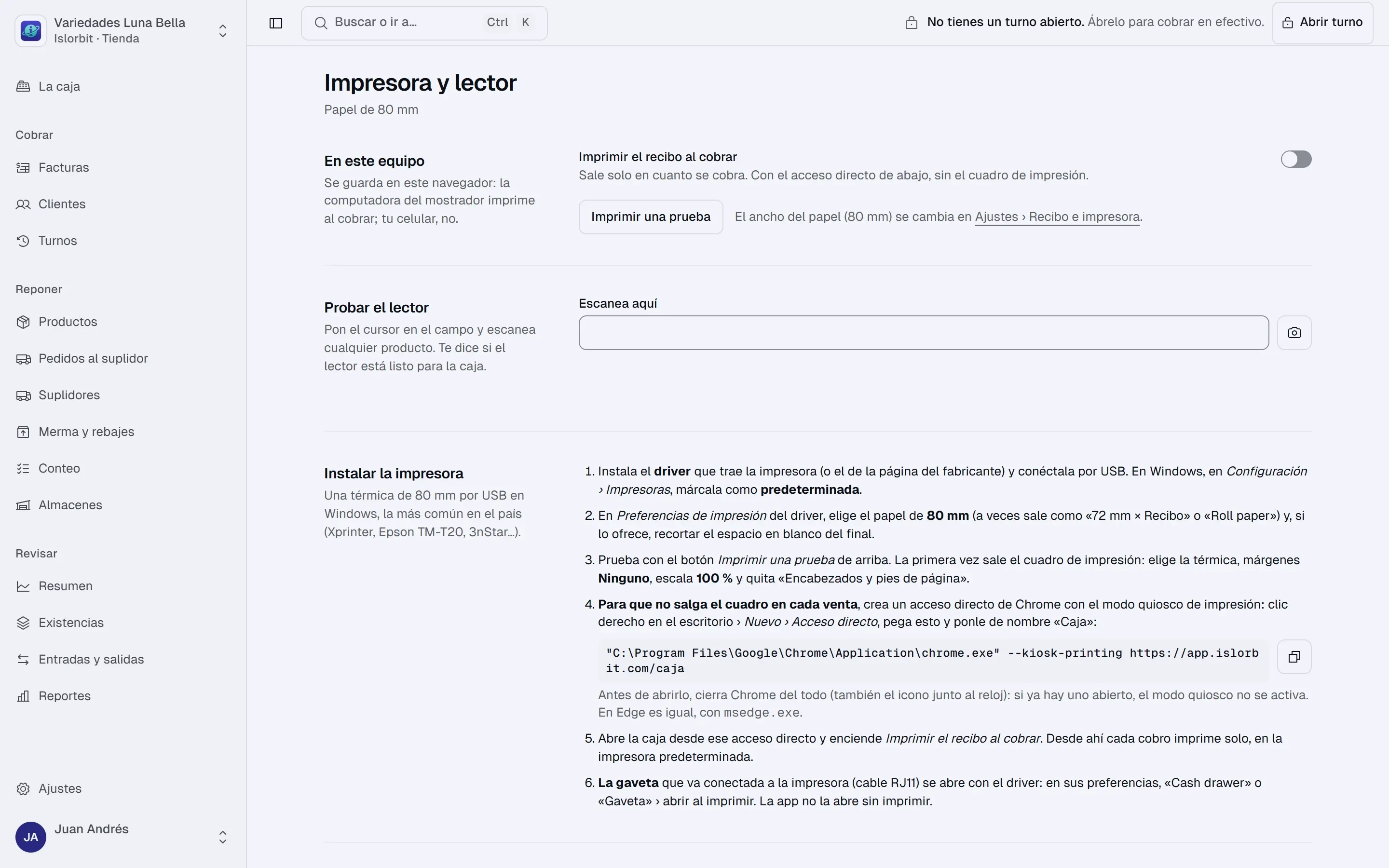 Pantalla «Impresora y lector» con «En este equipo» (el interruptor «Imprimir el recibo al cobrar» y «Imprimir una prueba»), «Probar el lector» y las guías para instalar la impresora y el lector.