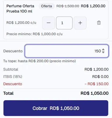 Venta en la caja vista por una cajera, con «Precio mínimo: RD$ 1,000.00 c/u» bajo el producto, 150 en «Descuento» y debajo «Tu tope: hasta RD$ 200.00 (precio mínimo)».