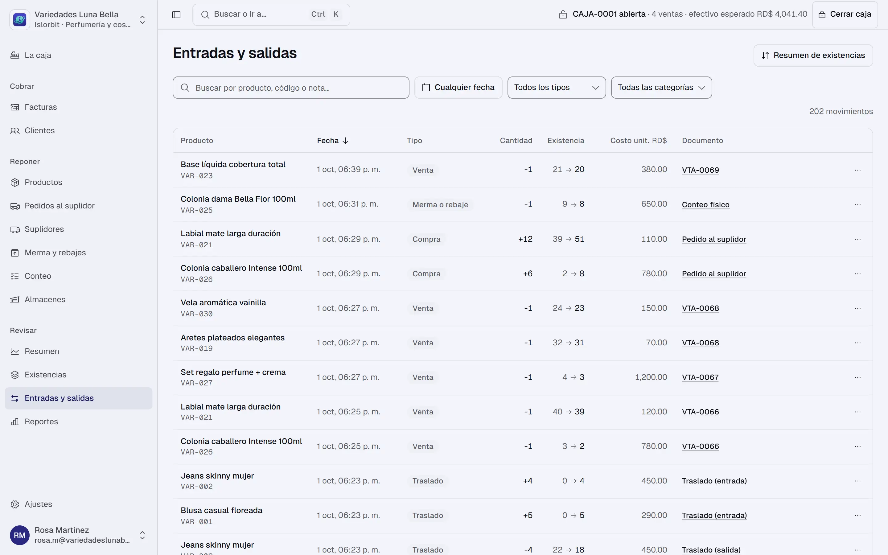 Entradas y salidas del inventario con la existencia antes y después de cada venta, compra, traslado y merma.
