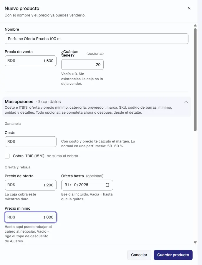 Ficha del producto con la sección «Oferta y rebaja» abierta; el «Precio mínimo» en RD$ 1,000 y debajo «Hasta aquí puede rebajar el cajero al negociar. Vacío = rige el tope de descuento de Ajustes.».