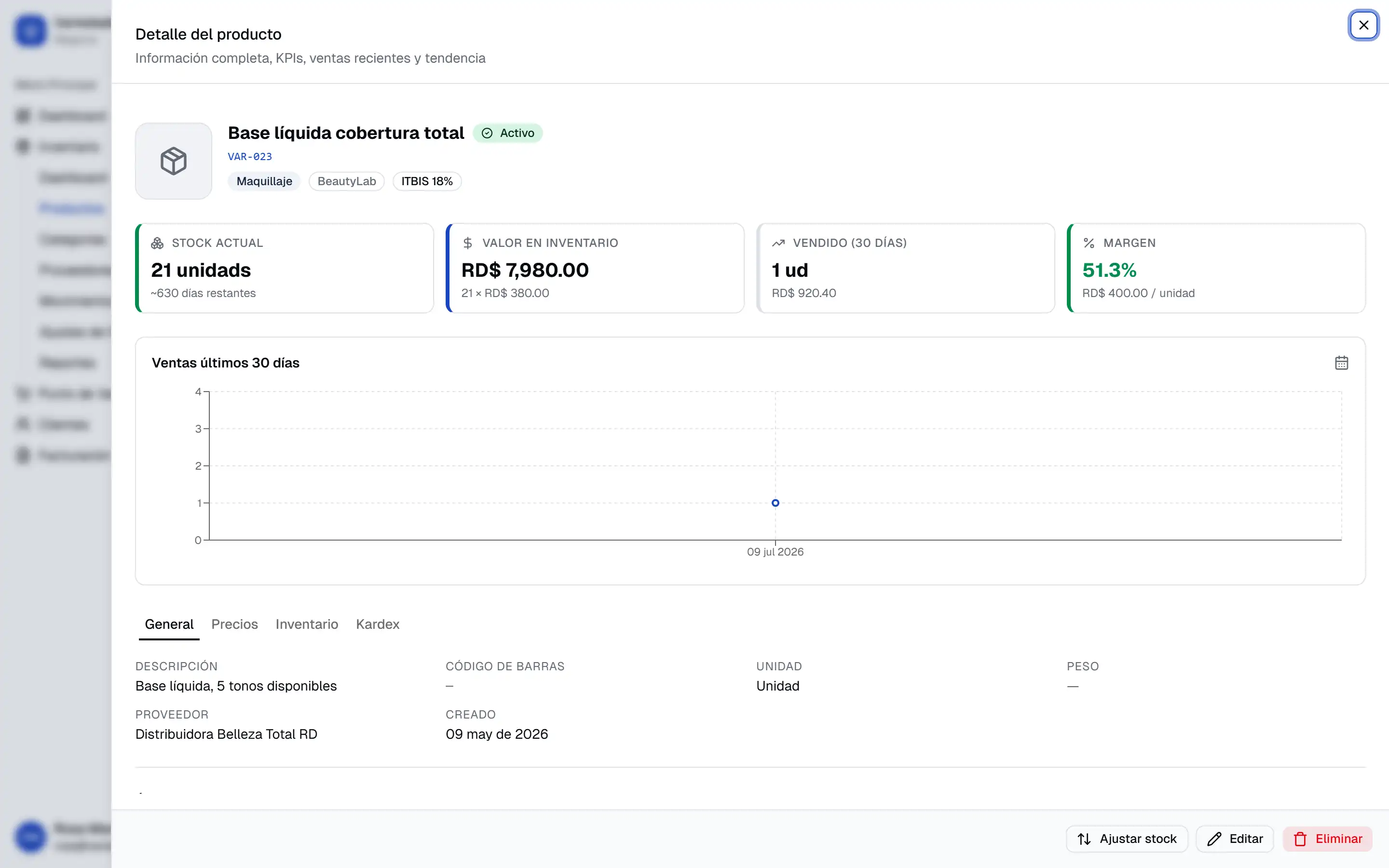 Ficha de un producto en Islorbit con su stock actual, el valor en inventario, las unidades vendidas en 30 días y el margen del 51,3 %.
