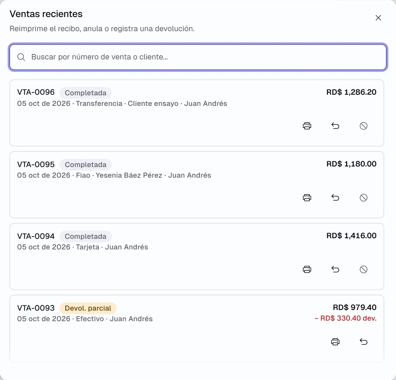Diálogo «Ventas recientes» con la lista de ventas, su estado, método de pago, cliente y quién cobró, y los botones para reimprimir, devolver y anular.